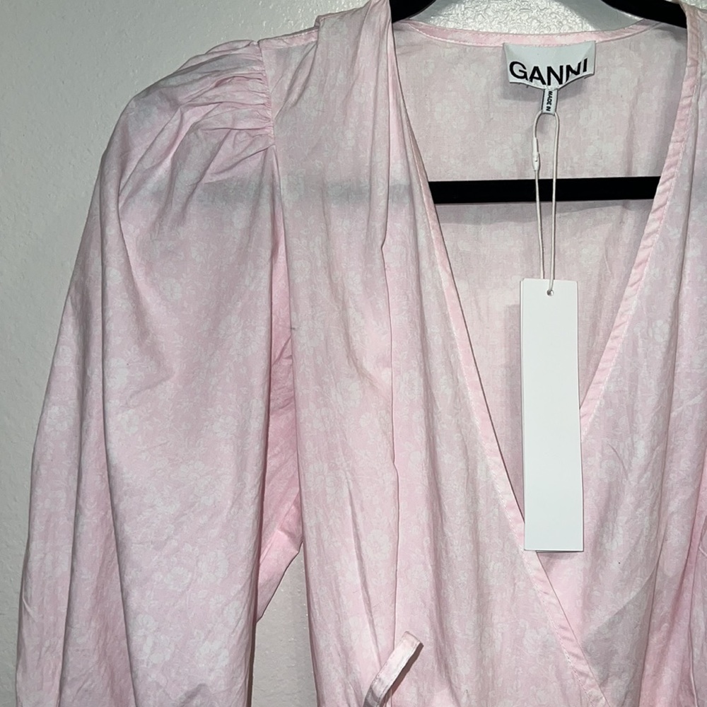 Ganni Puff Sleeve Organic Cotton Wrap Dress in Cherry Blossom - Picture 9 of 10
